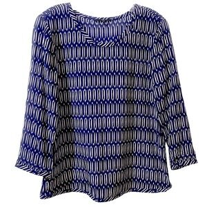 Hugo Boss Women’s Silk Navy & White Print Wide Neck L/S Tunic Blouse Size 8